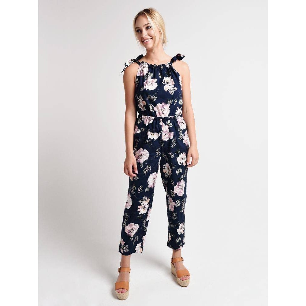 Rebecca Taylor Magnolia Navy Floral Cotton Tie Shoulder Jumpsuit Size Small